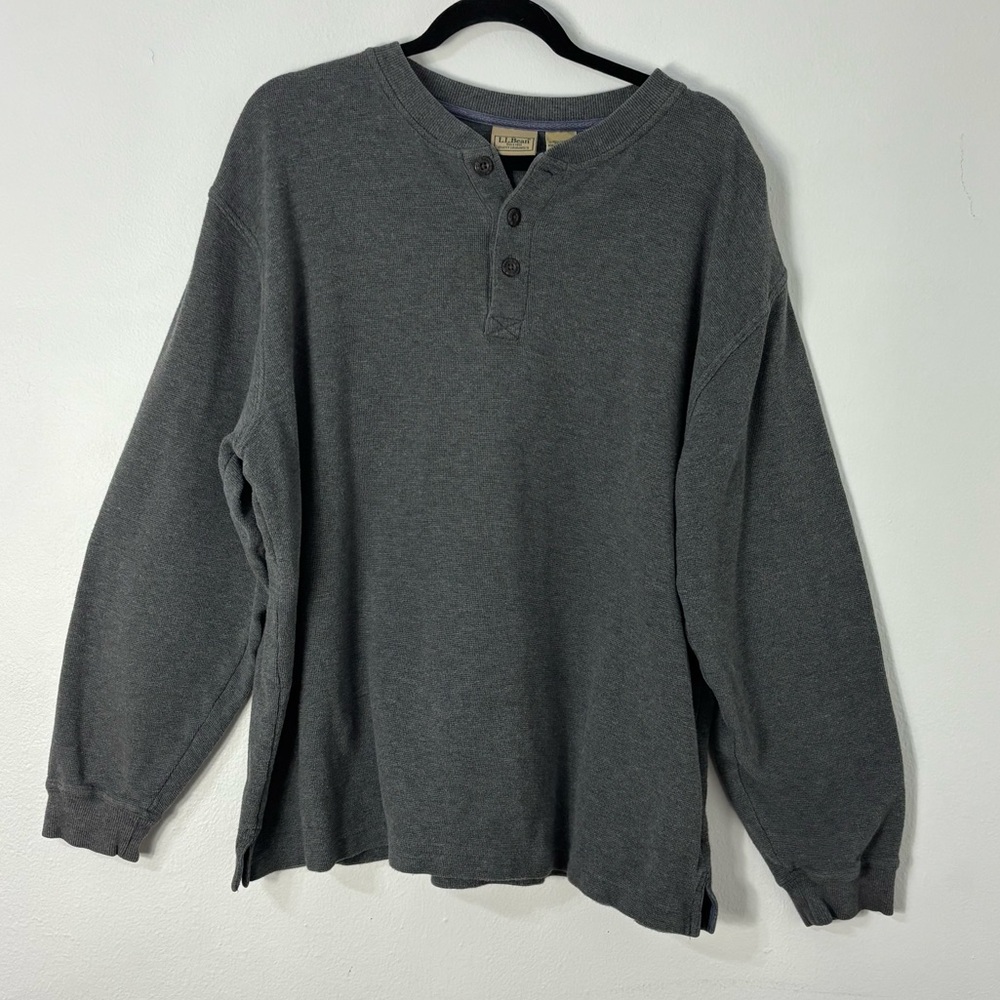 L.L. Bean Men XL Gray Rustic Waffle Knit Henley Shirt Classic Heritage Americana